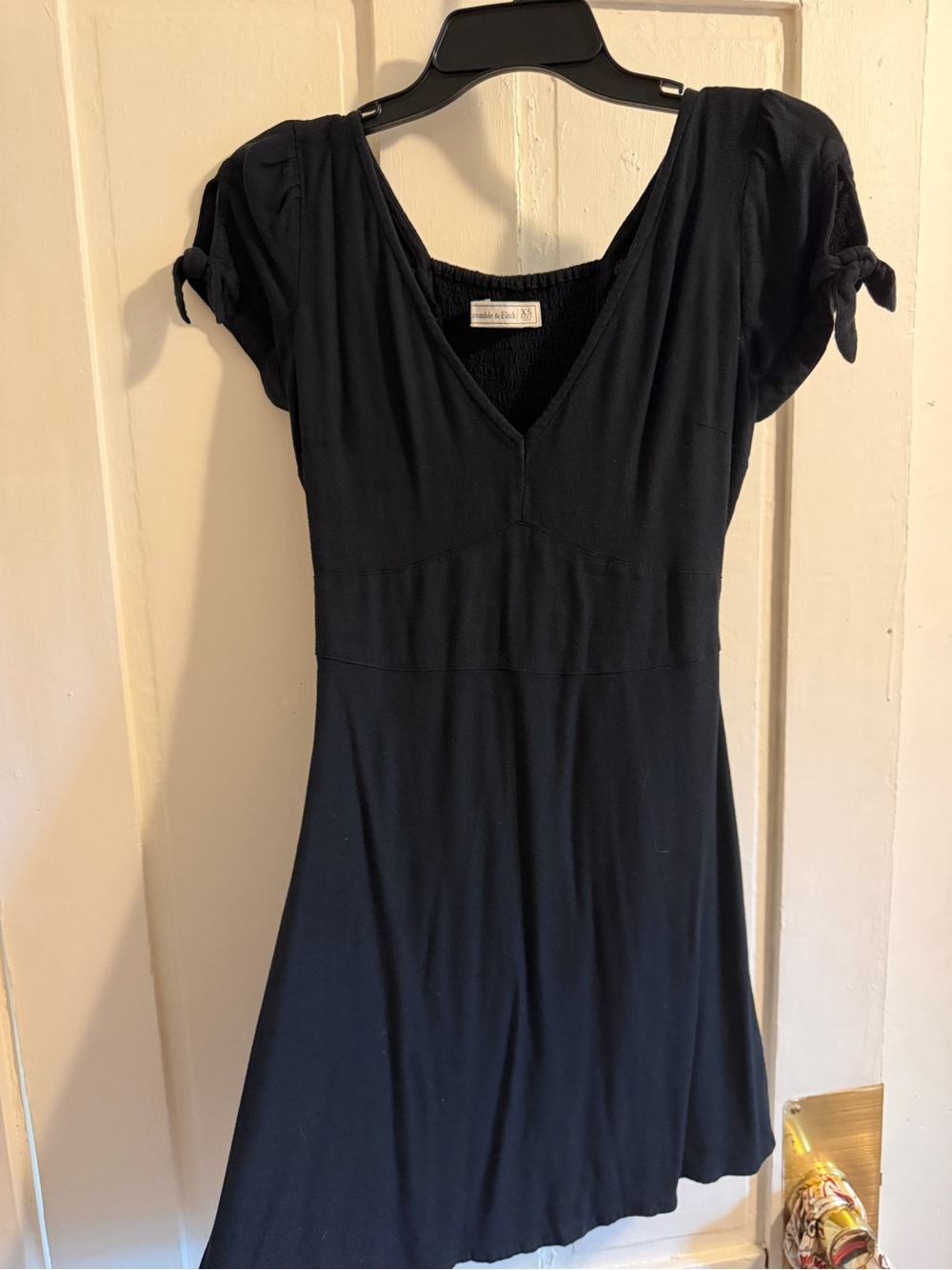 Abercrombie & Fitch Black V-Neck Mini Dress with Tie Sleeve Detail